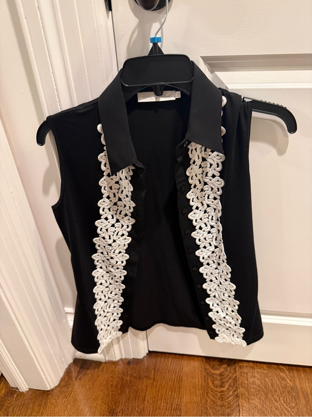Anne Fontaine Black Sleeveless Collared Top with White Crochet Trim